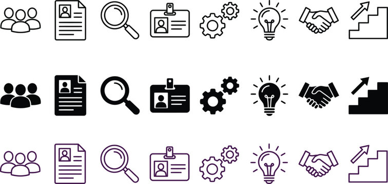 Business and human resources icons set: team resume magnifying glass id badge gears lightbulb handshake stairs with id badge business id badge identification cogwheel mechanics lightbulb