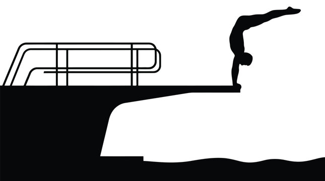 Dynamic black silhouette of diver performing high jump off diving platform with athletic action pose isolated on white background