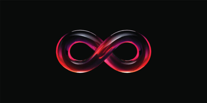 A bright neon glowing infinity symbol and heart shape create a 3d infinite loop design with a colorful digital light strip on a black background illustration