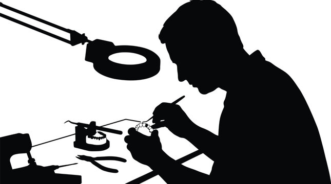 Focused blacksmith jeweler crafting ring silhouette with precision tools and magnifying lamp isolated on white background