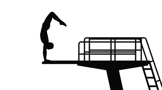 Dynamic gymnastics silhouette performing handstand on diving board black figure action pose isolated on white background