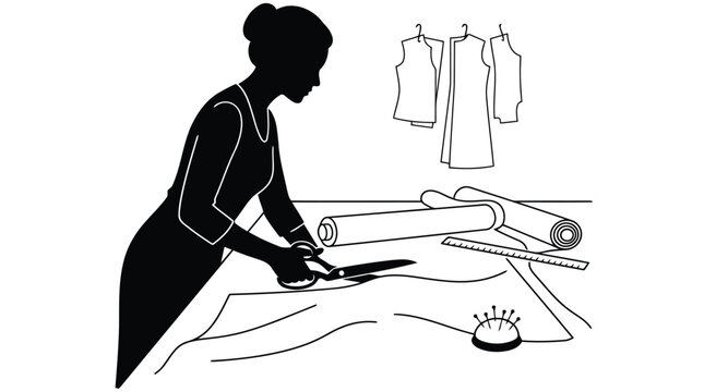 Elegant black silhouette of seamstress cutting fabric with scissors and sewing machine illustration isolated on white background