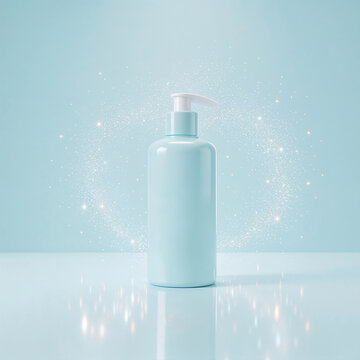 oft pastel blue product mockup background with sparkling dust particles, glowing highlights, smooth reflective surface, luxury studio atmosphere, elegant empty stage for branding, minimal premium aest