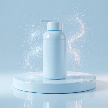 oft pastel blue product mockup background with sparkling dust particles, glowing highlights, smooth reflective surface, luxury studio atmosphere, elegant empty stage for branding, minimal premium aest