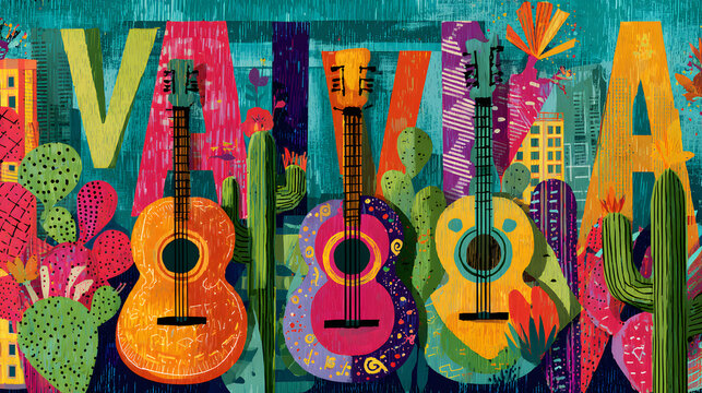 This image features colorful guitars, cacti, and whimsical elements set against a vibrant background with a bold 'Viva la Vida' message, symbolizing celebration and joy.