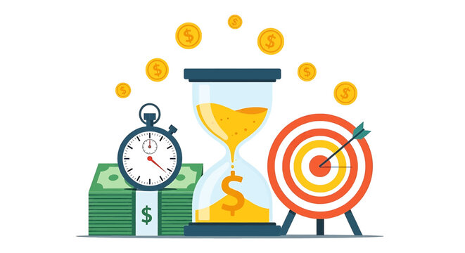 Time is money concept with hourglass, stopwatch, stack of cash and target