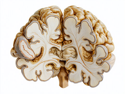 Human brain coronal cross section anatomy illustration showing cerebral hemispheres cortical gyri white matter and deep brain structure organization in warm amber gold tones on white background