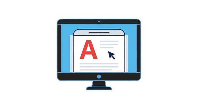 Computer monitor displaying a document editing interface with a large letter a and a cursor