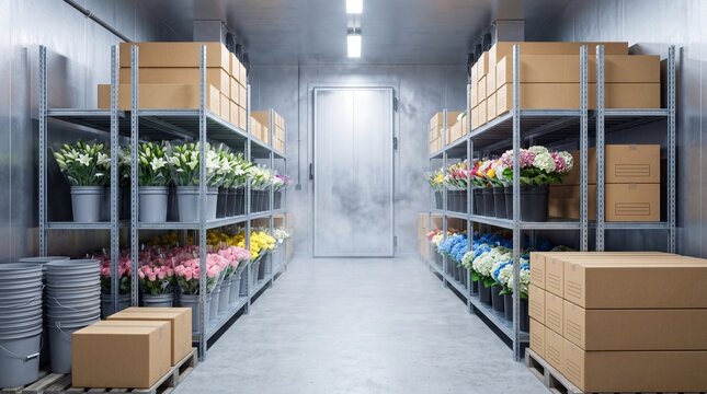 Cold storage room for fresh wholesale cut flowers