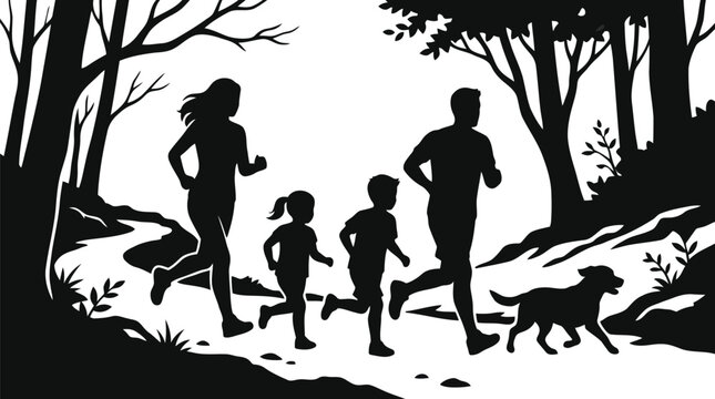 Family and dog running together in forest silhouette illustration with dynamic action and nature concept isolated on white background