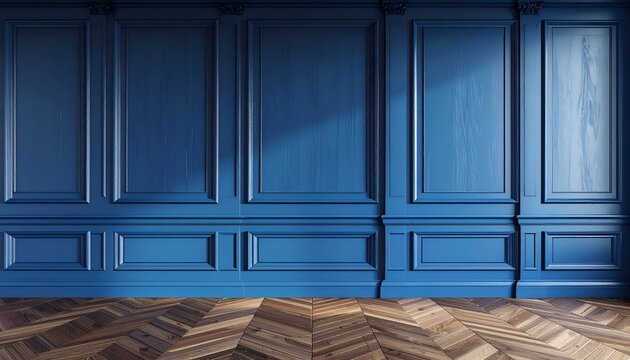 Blue paneled wall with wood floor, sunlight casting shadows