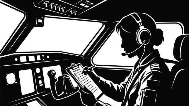 Pilot in cockpit checking digital checklist on tablet with headset and flight controls illustration isolated on white background