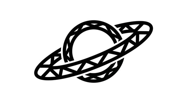 Line drawing of a planet with rings in a minimalist black and white style isolated on a white background.