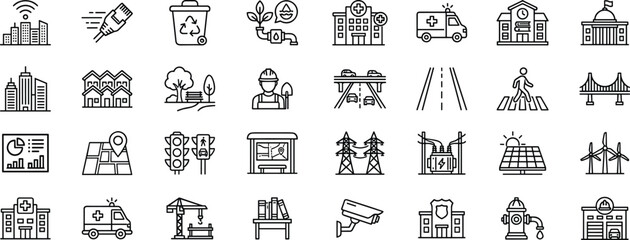 Smart city infrastructure line icons showing hospital school police station internet cables and urban transport. © ARNIKA ISLAM