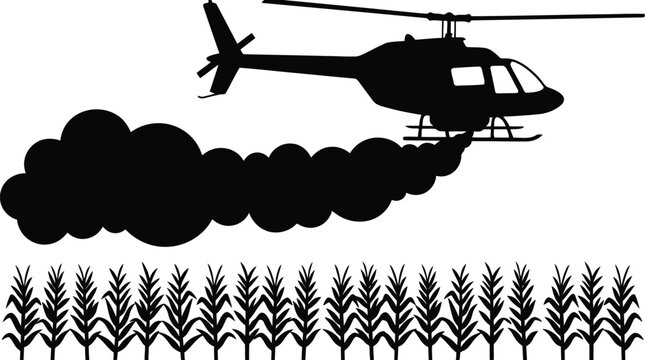 Helicopter spraying crop field black silhouette illustration isolated on white background