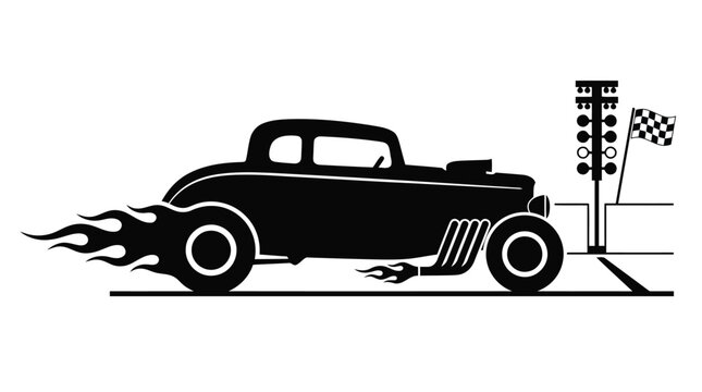 Classic hot rod car silhouette illustration with racing flags and speed lines isolated on white background