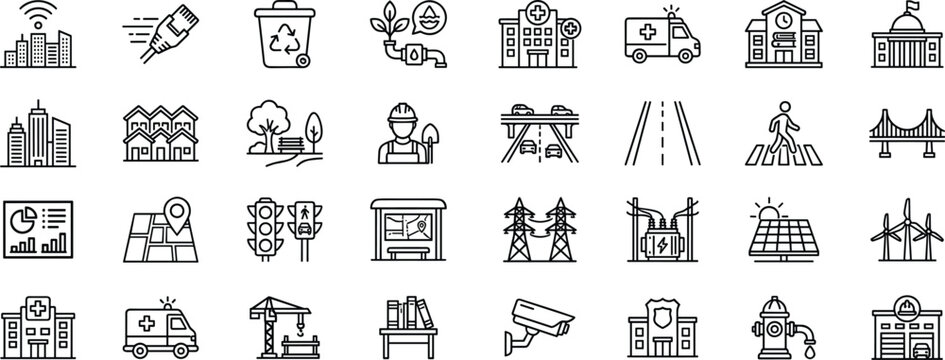 Smart city infrastructure line icons showing hospital school police station internet cables and urban transport.