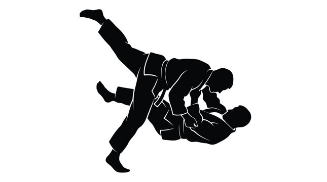 Dynamic black silhouette illustration of judo athletes in grappling action pose isolated on white background