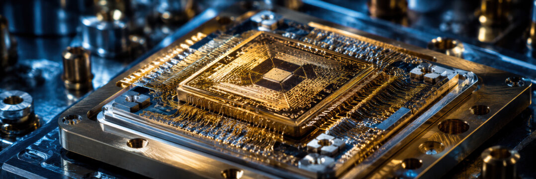 Close up of quantum computer chip with high precision electronic architecture