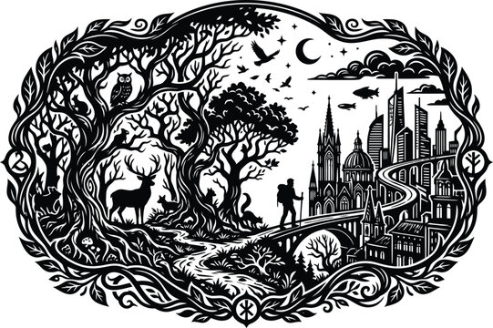 Detailed landscape illustration with forest city and crescent moon