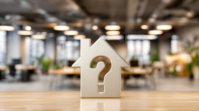 House symbol with question mark in a modern office environment during daytime hours