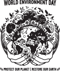 Fototapeta premium World environment day concept with earth held by hands surrounded by trees and birds for nature protection.