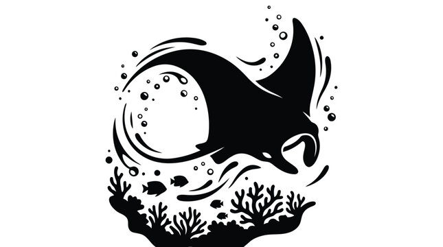 Dynamic black silhouette of a dolphin leaping from ocean waves with fish and coral underwater elements isolated on white background