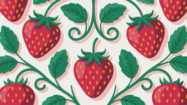 Strawberry pattern, red strawberries, green leaves, seamless design, fruit illustration, vector graphics