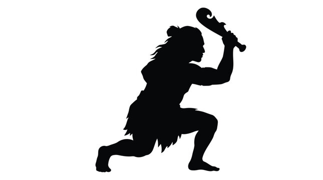 Caveman silhouette holding club in dynamic action pose isolated on white background