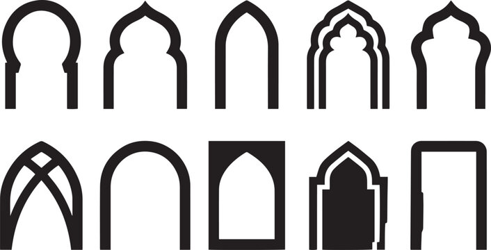 islamic arch mosque window frame icon set vector illustration