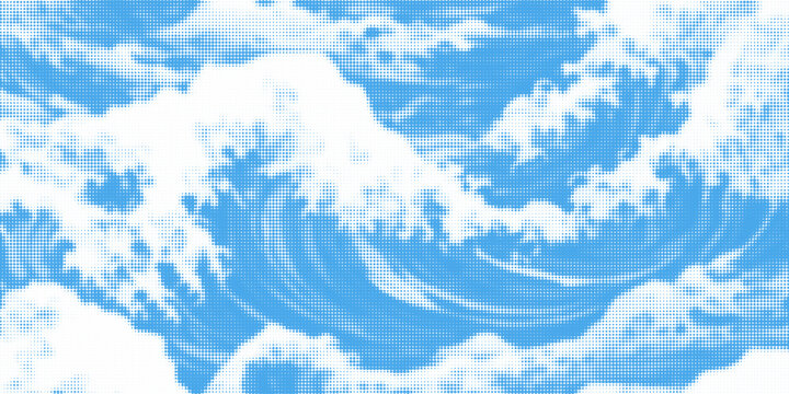 Halftone cloud background. White dotted clouds in blue sky. Comic pop art heaven wallpaper for banner, collage, poster, leaflet, brochure. Rasterized smoke, smog or fog texture. Vector illustration