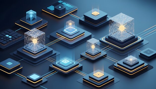 3D render of glowing microchips and processors on dark surface