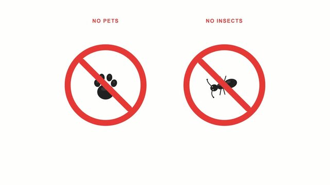No Pets and No Insects Prohibition Sign Animation. 4K Video
