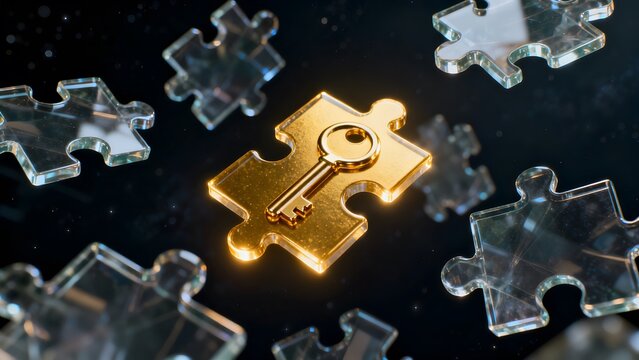 Golden key on a puzzle piece amidst clear pieces, symbolizing the solution to a complex problem or path to success.