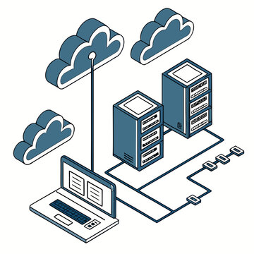 Cloud computing with laptop and server towers