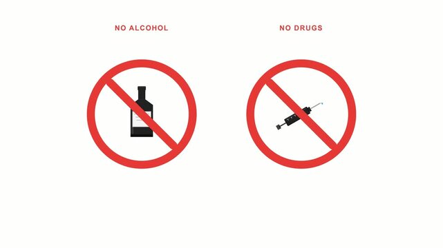 Animated prohibition warning sign for alcohol and drug prevention. 4K Video
