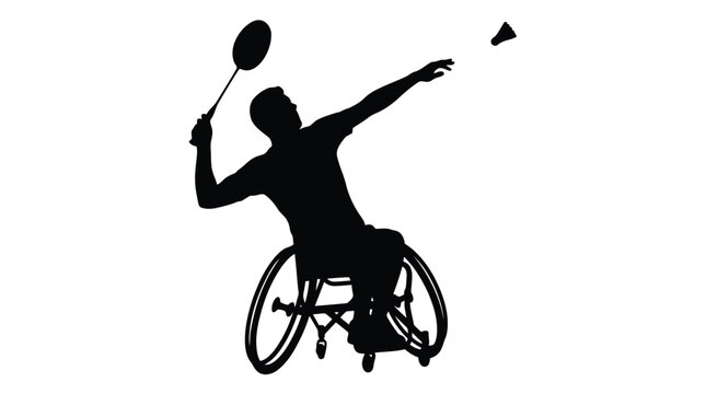 Dynamic wheelchair tennis player silhouette in action hitting shuttlecock isolated on white background