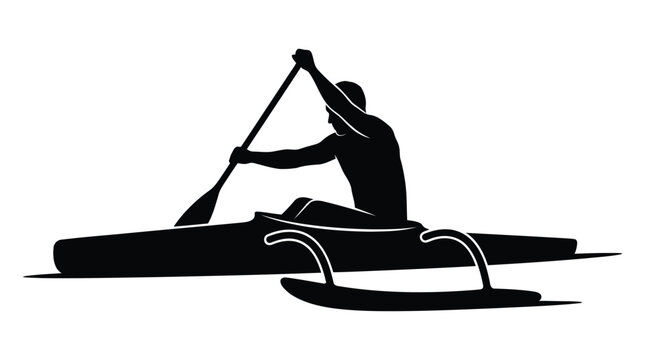 Black silhouette of rower in action on sleek canoe with oar isolated on white background