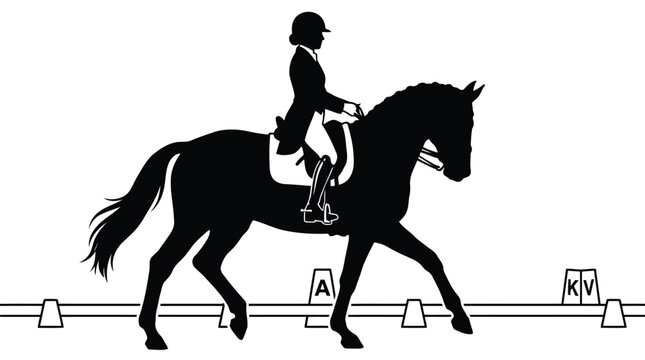 Equestrian silhouette of rider in dressage position on horse jumping over obstacle isolated on white background