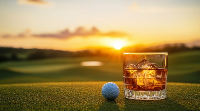 Golf ball and whiskey glass at sunset on a green.