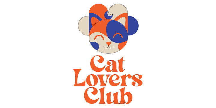 Cat head illustration with swirling shapes and text cat lovers club.