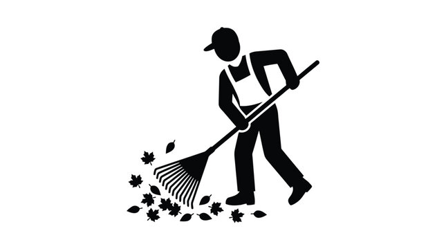 Black silhouette of person raking autumn leaves with rake isolated on white background