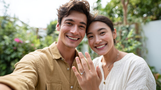 Young couple showing engagement ring while taking selfie in garden