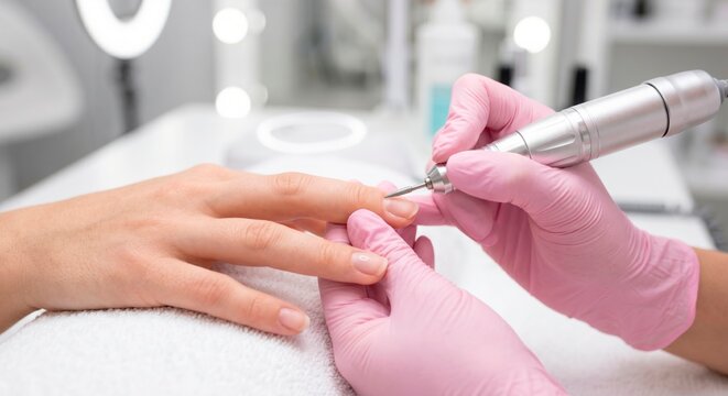 A professional nail technician in pink gloves uses an electric nail file to perform a hardware manicure on a client's natural fingernails over a white towel in a bright salon.