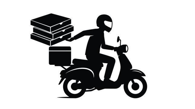 Delivery rider on scooter carrying food boxes black and white illustration concept isolated on white background