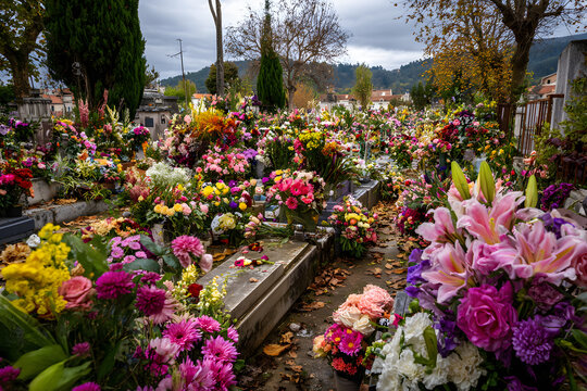 Cemetery with s&eacute;pultures covered with flowers fraiches on the occasion of the feast of Saint Vincent. France.