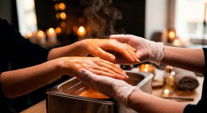 A soothing paraffin wax hand treatment in a dimly lit spa. An esthetician in white gloves gently holds a client's hands, which are coated in warm, steamy orange melted wax.