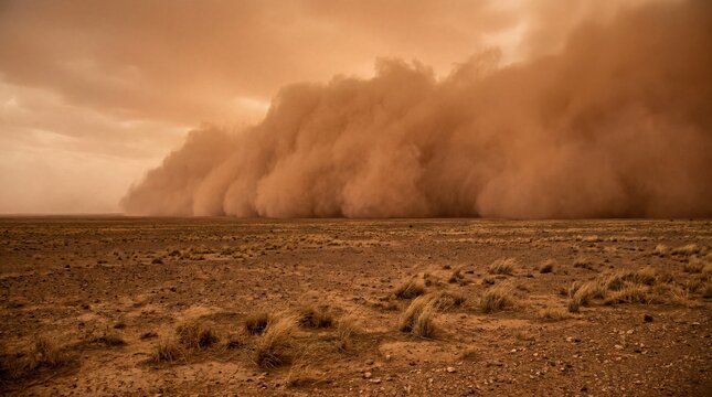 Cinematic aerial view of a massive sandstorm haboob advancing over desert terrain (Generative AI)
