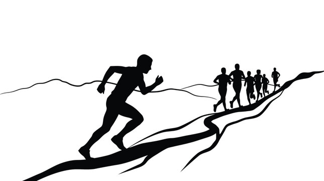 Dynamic black silhouette of runner leading group on winding uphill path isolated on white background
