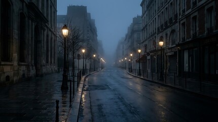 Fototapeta premium Empty foggy city street at dawn with streetlights and old buildings